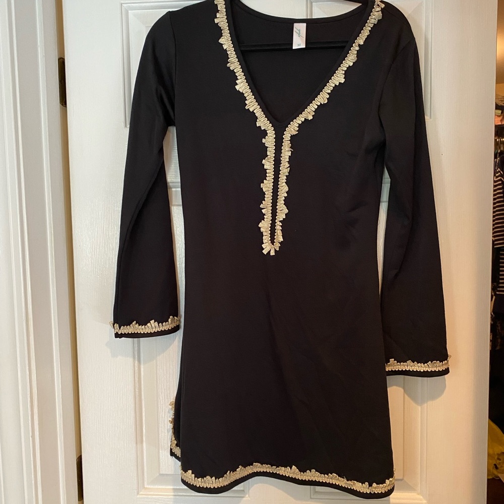 Black dress with gold lace trim